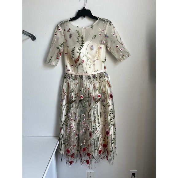 TS Couture Floral Embroidered Midi Dress Sheer Overlay Custom Size - Picture 1 of 16